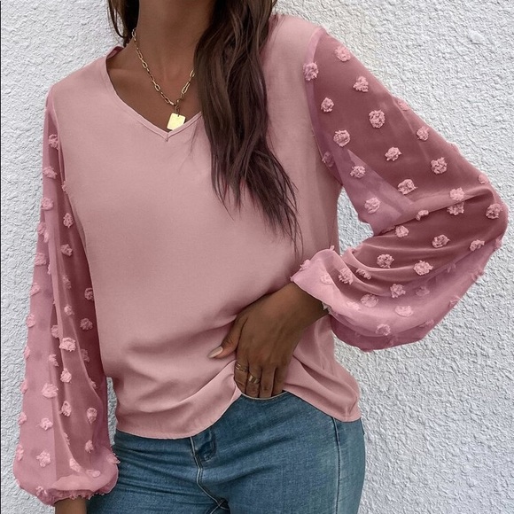 🎀 ELEGANT MUAVE SHEER POLKA DOT SLEEVE LOOSE FIT BLOUSE! - Picture 4 of 8